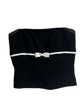 Y2K Strapless Black Bustier Top with White Bow Trim EUC